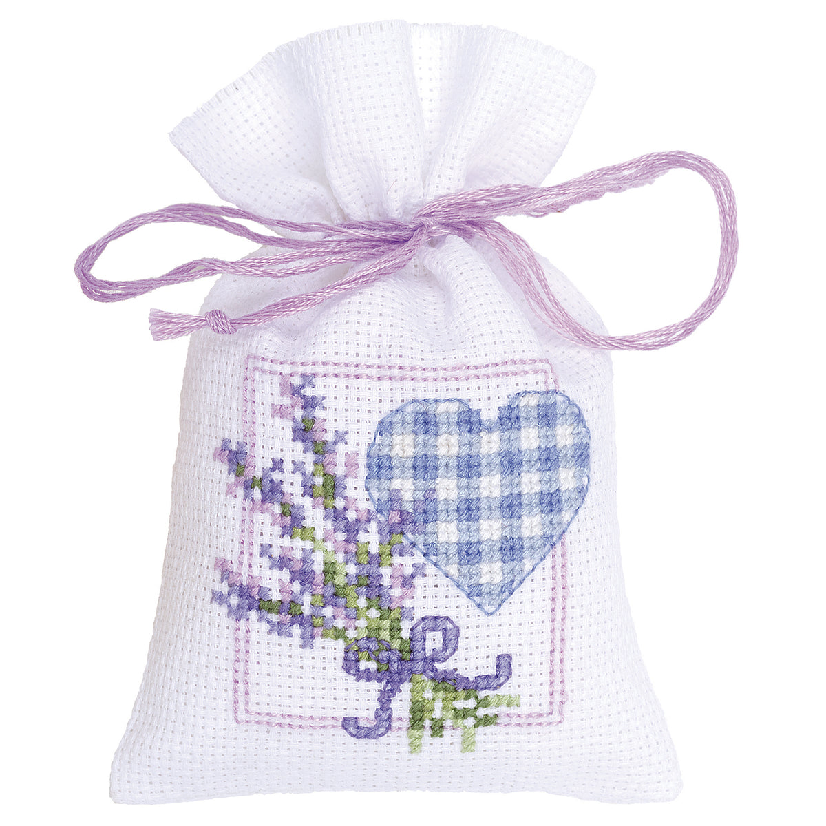 Cross stitched lavender bag with a heart design