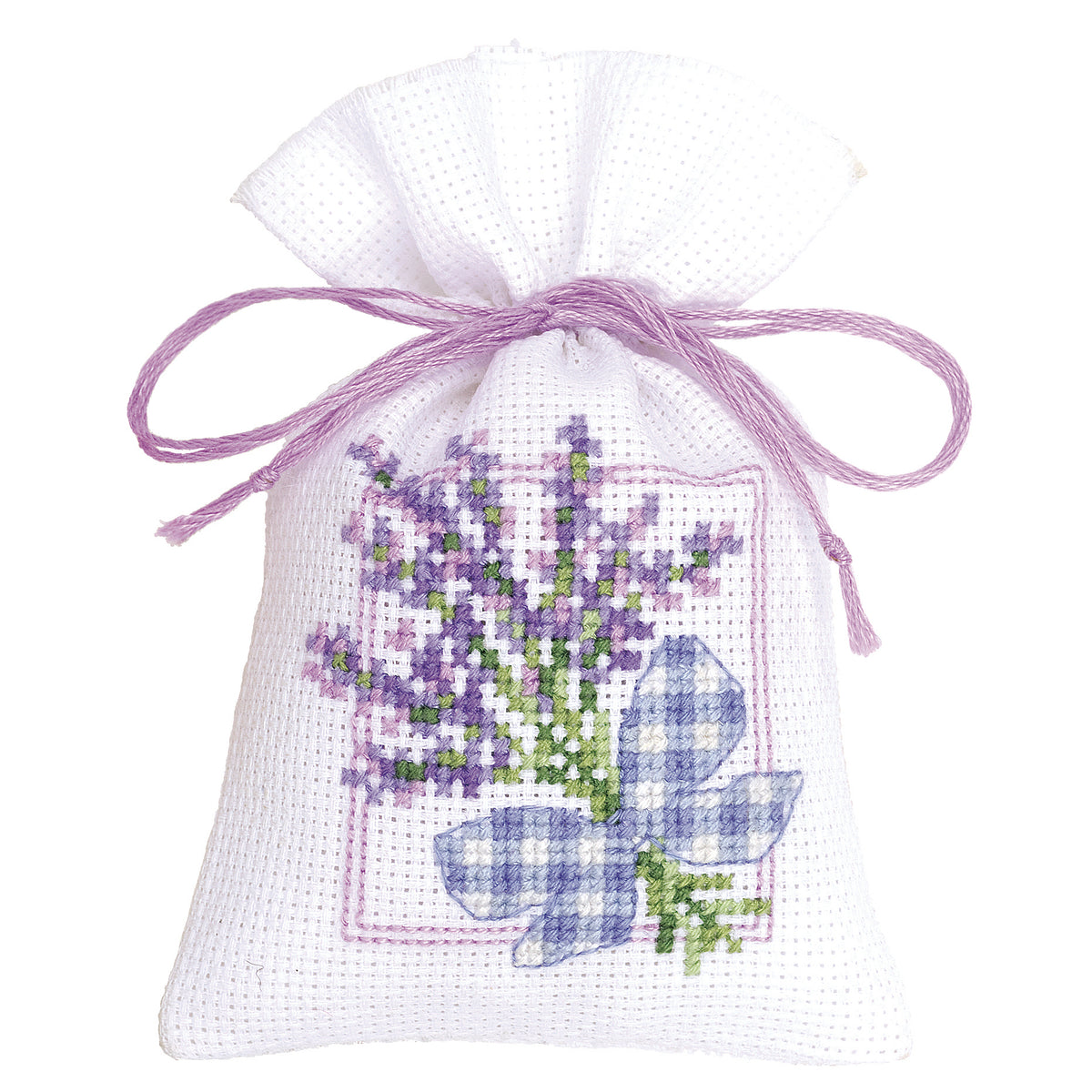 Cross stitched lavender bag with a bow design