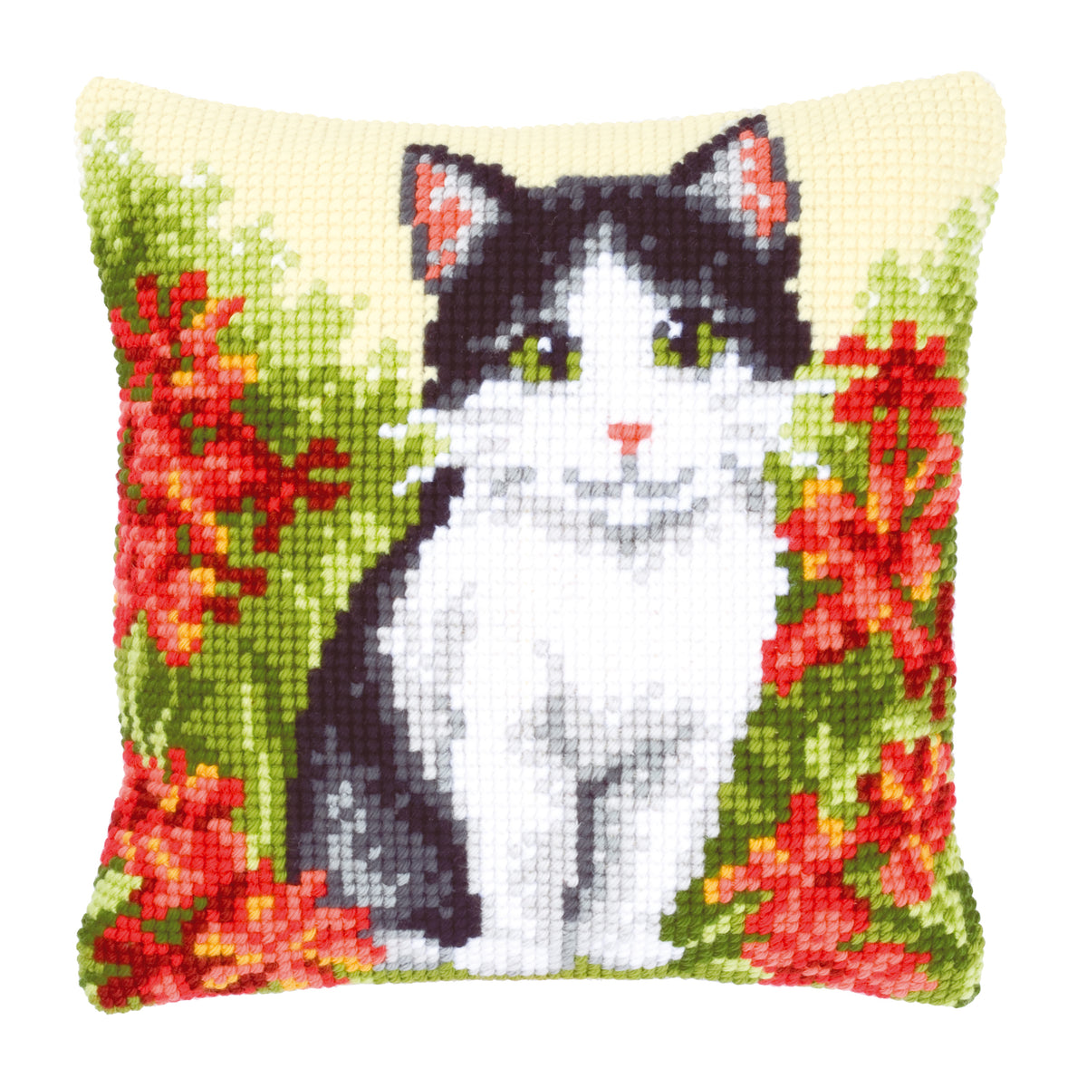 Cross stitched cushion with a cat design