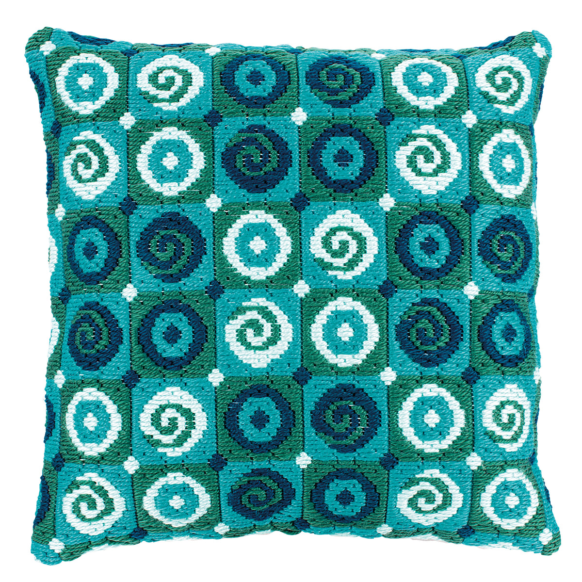 Finished Vervaco long stitch cushion with a colourful swirls design