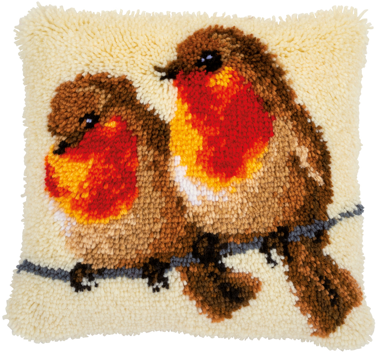 Finished Vervaco latch hook cushion showing robins