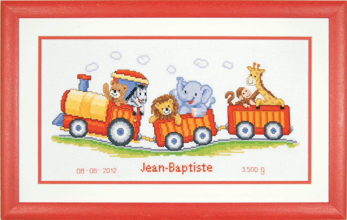 Cross stitched birth record with an animal train