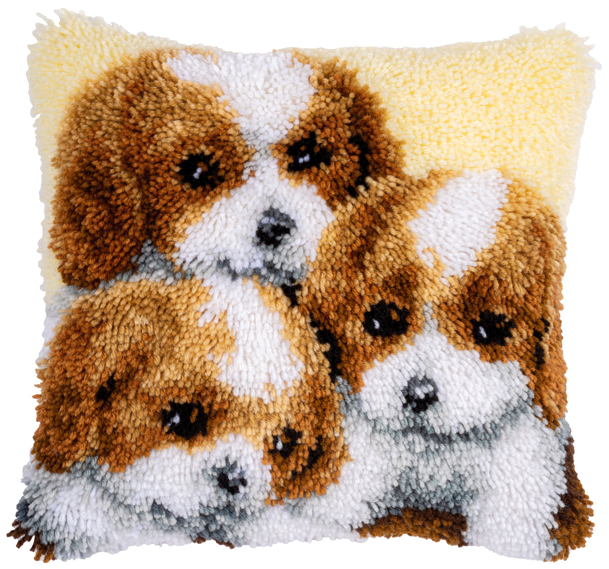 Latch hook cushion showing three dogs