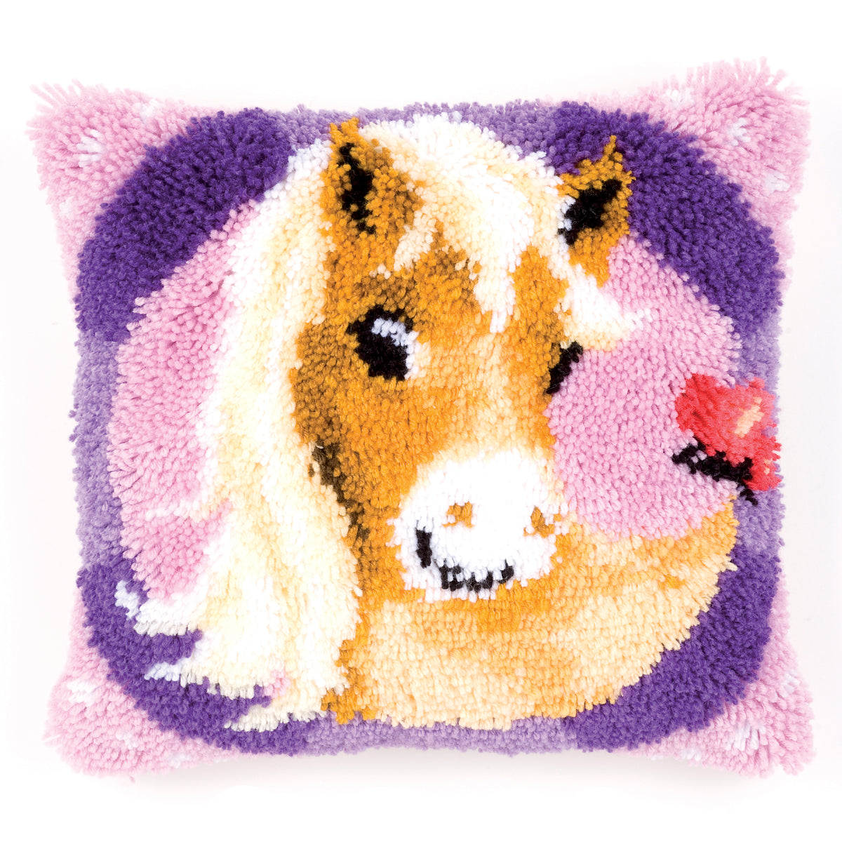 Latch hook cushion showing a pony