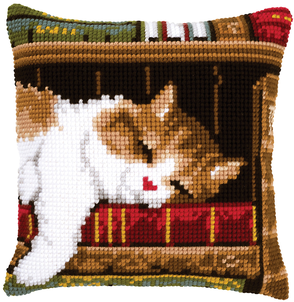 Cross stitch cushion front showing a sleeping cat