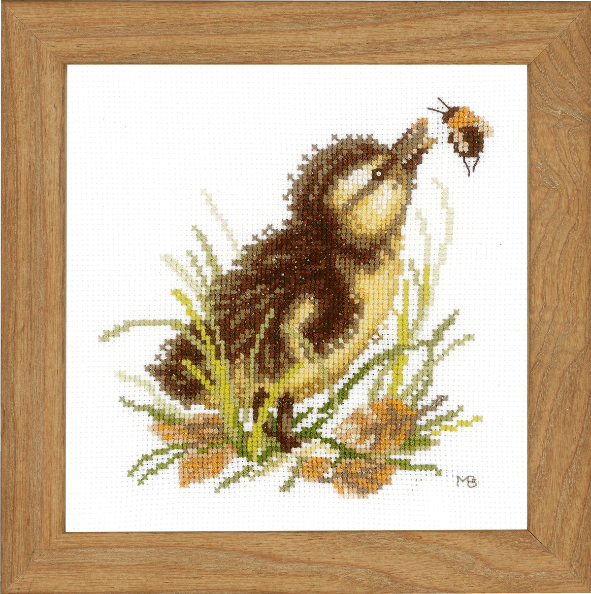 Cross stitched duckling with a bumble bee