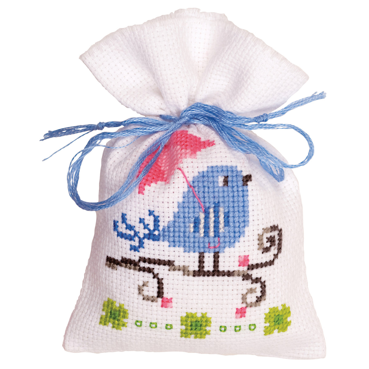 Small cross stitched gift bag with a blue bird