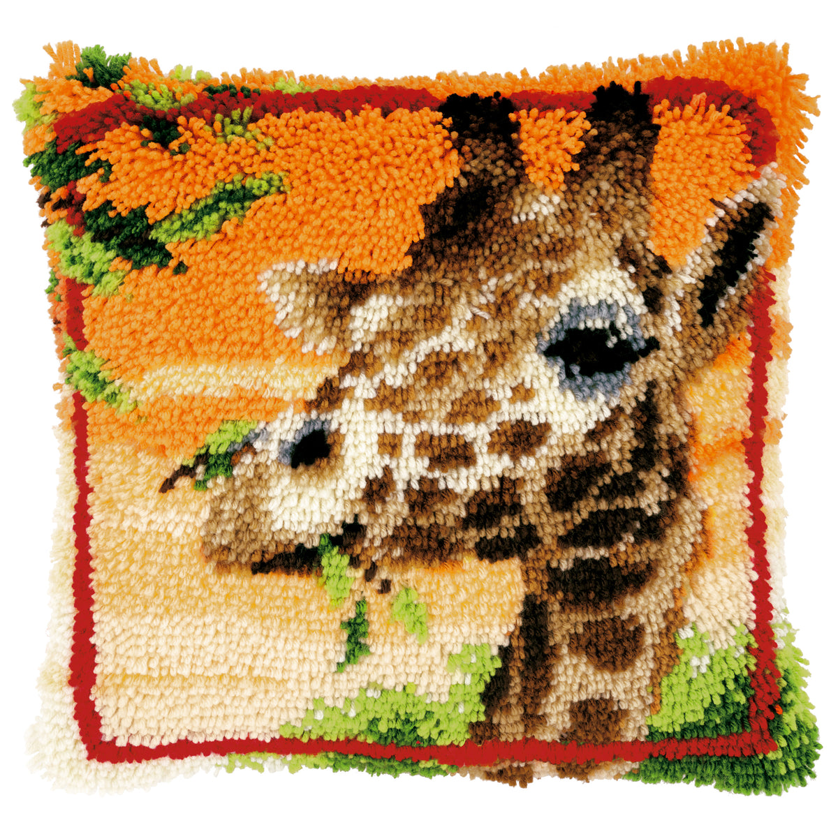 Vervaco latch hook cushion showing a giraffe eating leaves