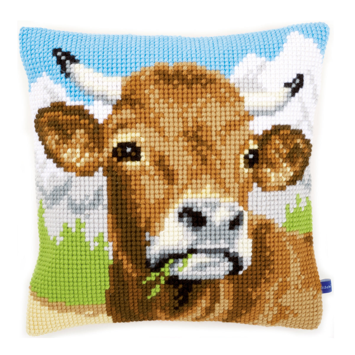 Vervaco cross stitch cushion showing a cow