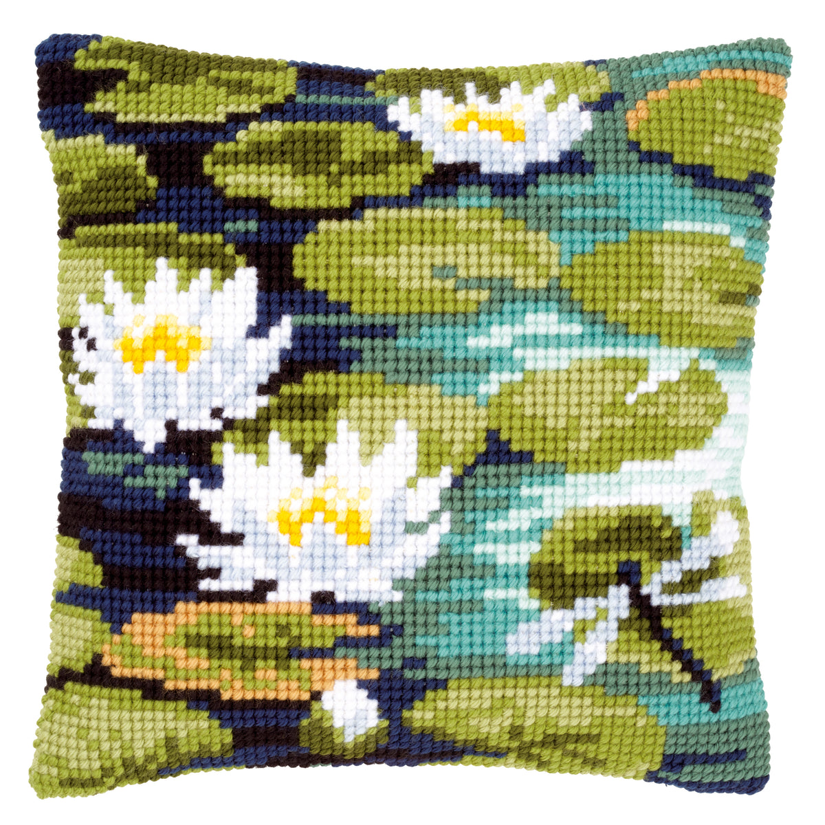 Cross stitch cushion kit with water lilies design