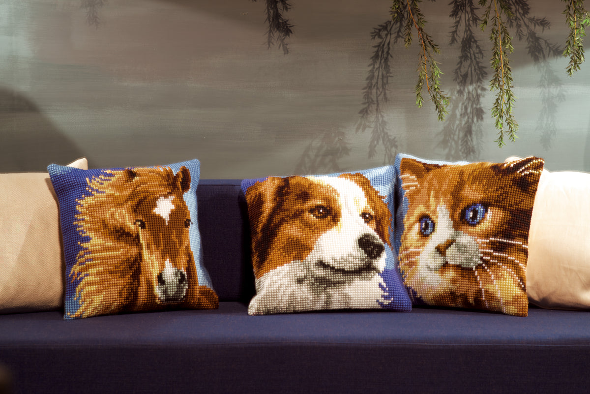Cross stitch cushion kit with a brown cat