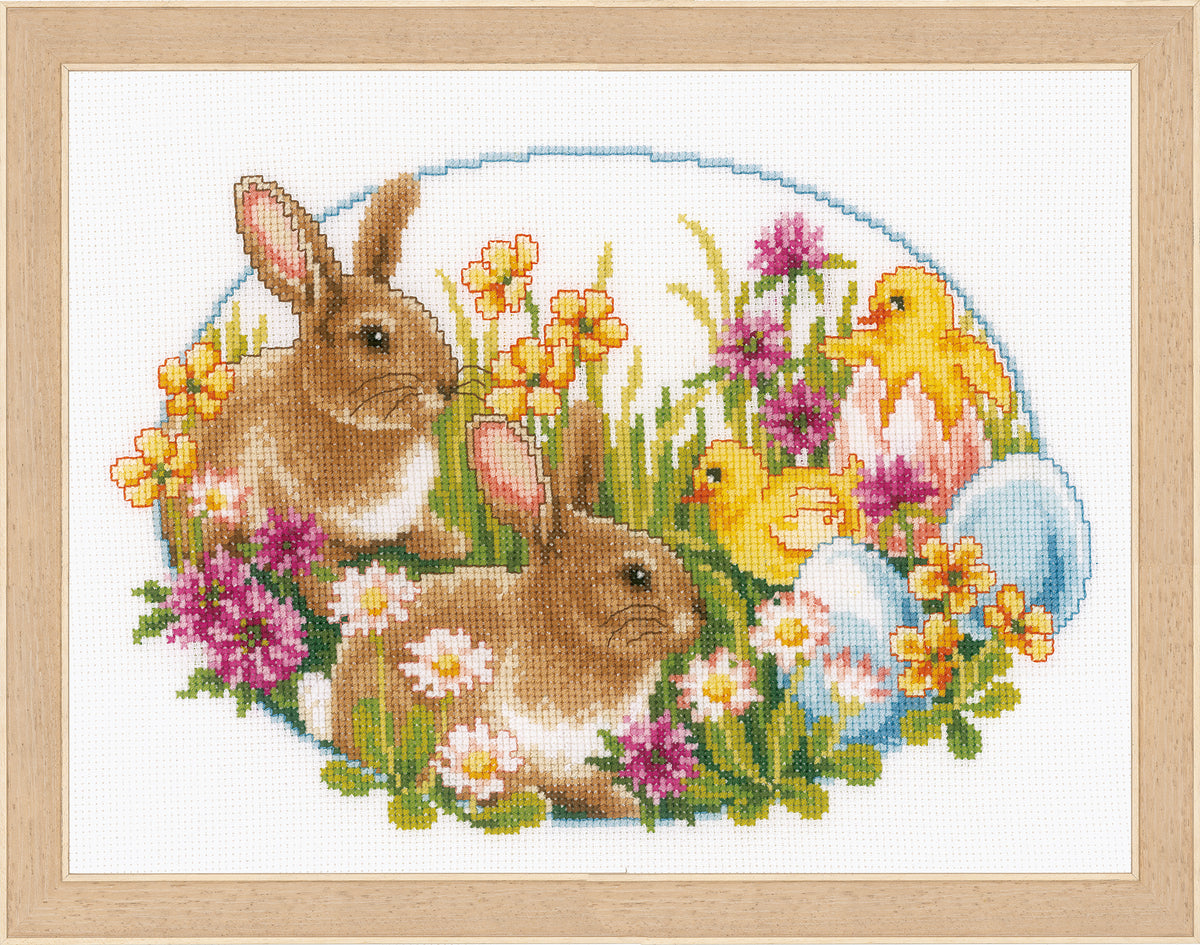 Counted cross stitch kit with rabbits and chicks