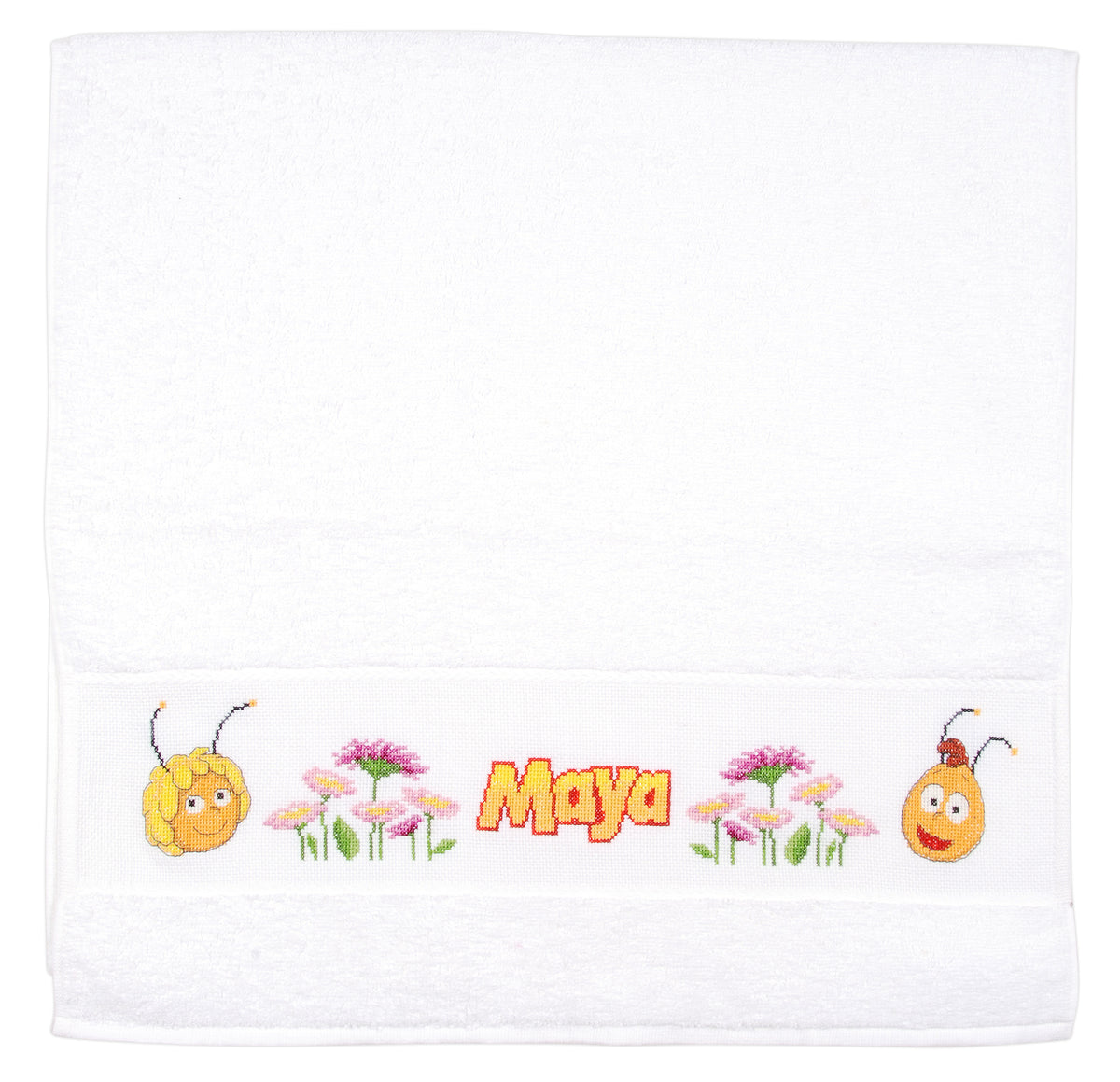 White towel with a cross stitched Maya the Bee and Willy border