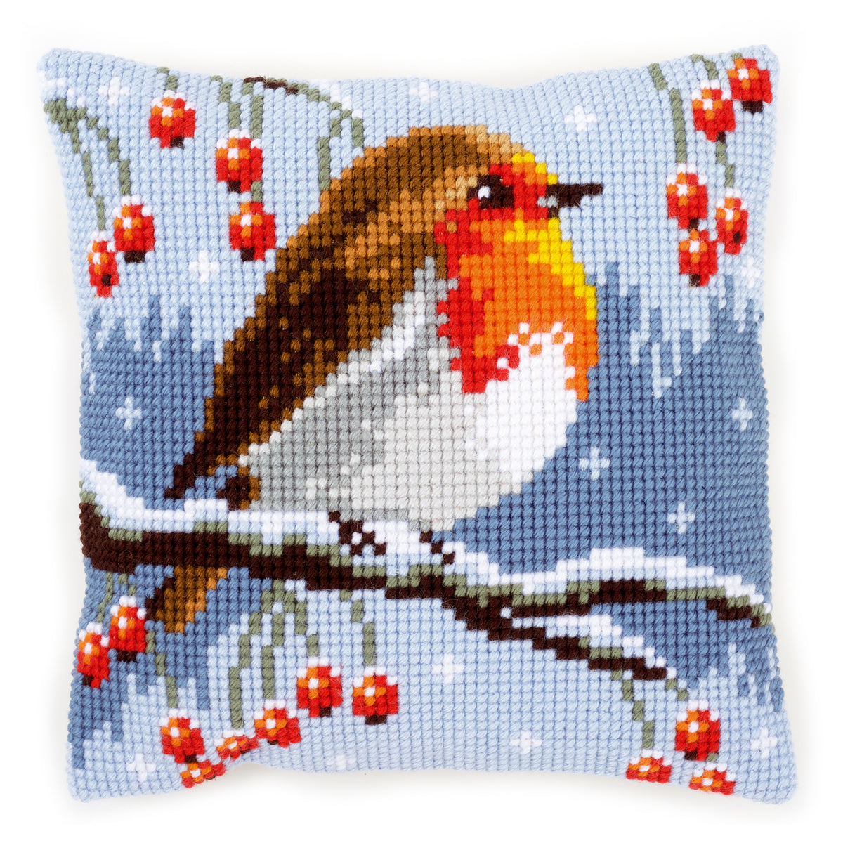 Red Robin in the Winter cross stitch cushion design