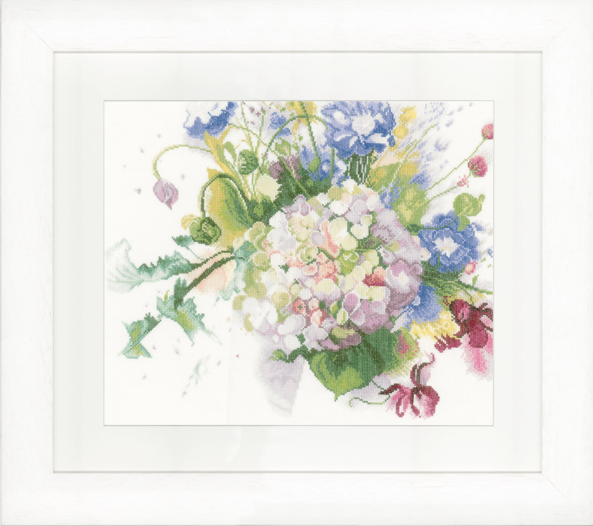 Finished hortensia flower cross stitch on linen