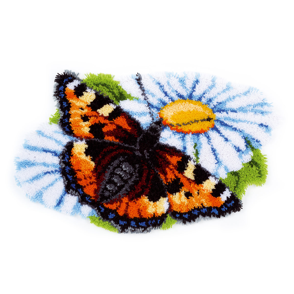Shaped latch hook rug of a butterfly on a daisy
