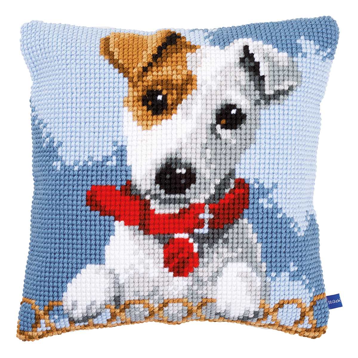 Cross stitch cushion with a Jack Russell dog design
