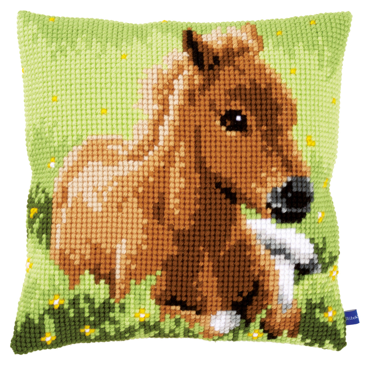 Cross stitch cushion with a brown foal
