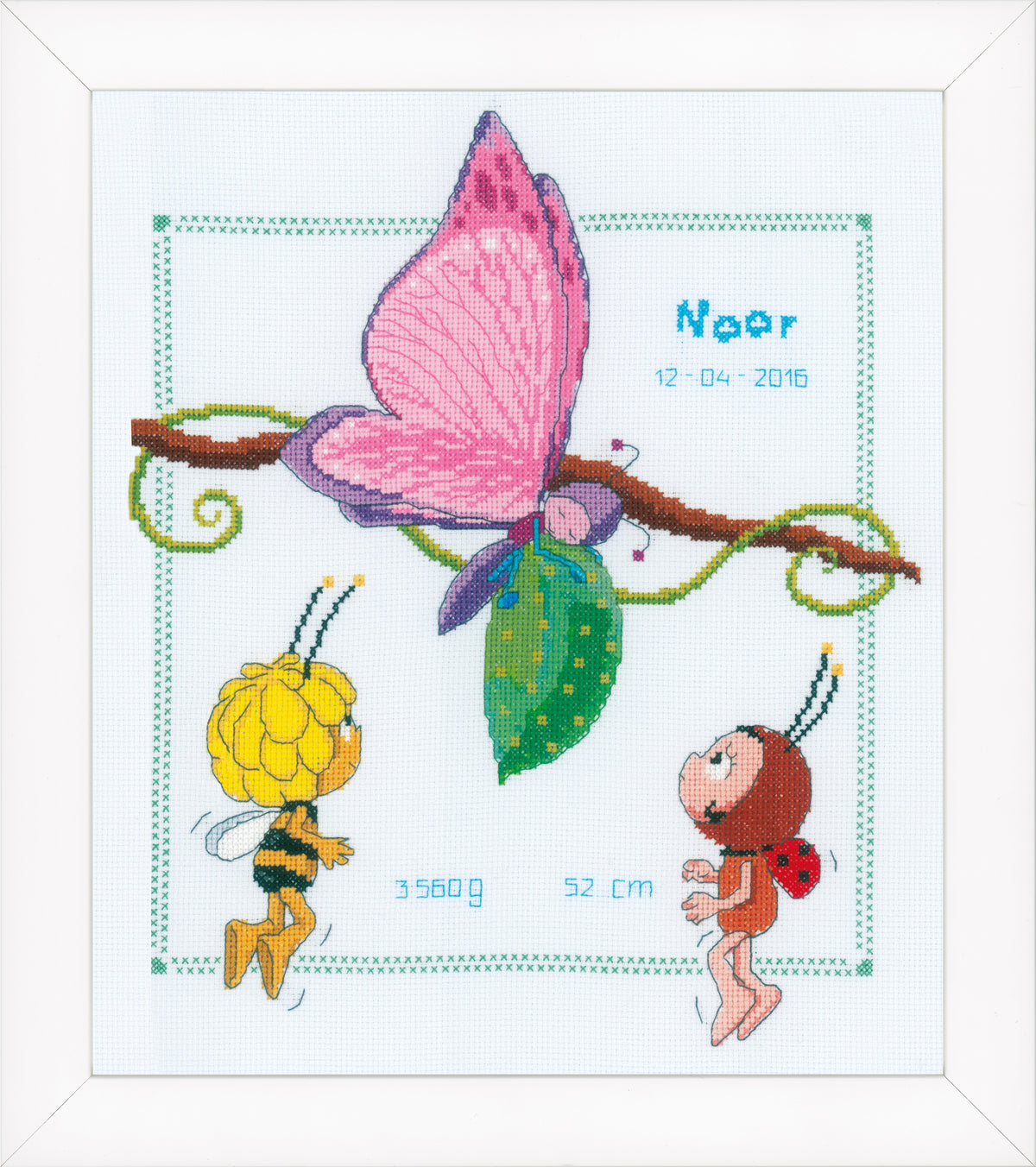 Cross stitch birth record with Maya, Lara and Beatrice on light blue aida