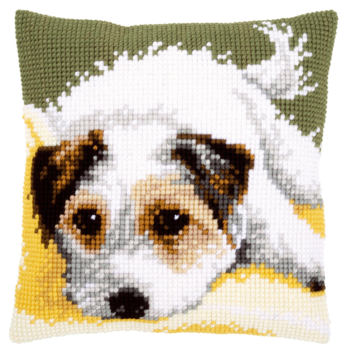 Cross stitch cushion with a dog wagging its tail