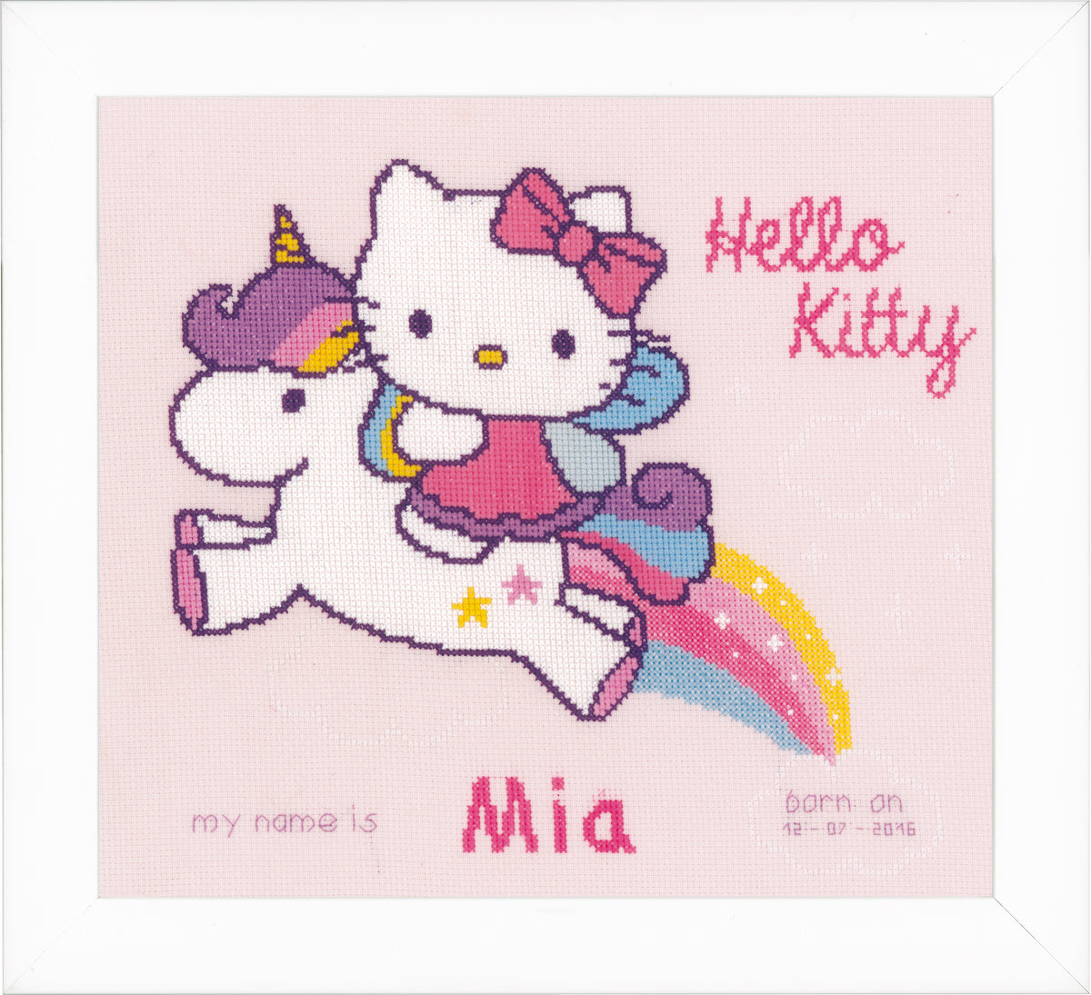 Cross stitch birth record with kitten and unicorn on pink aida