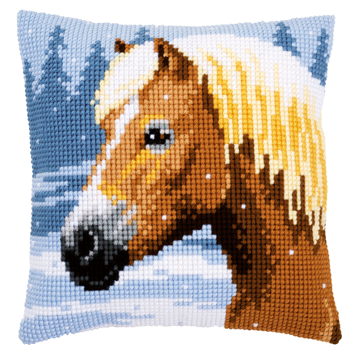 Cross stitch cushion with horse in snow design