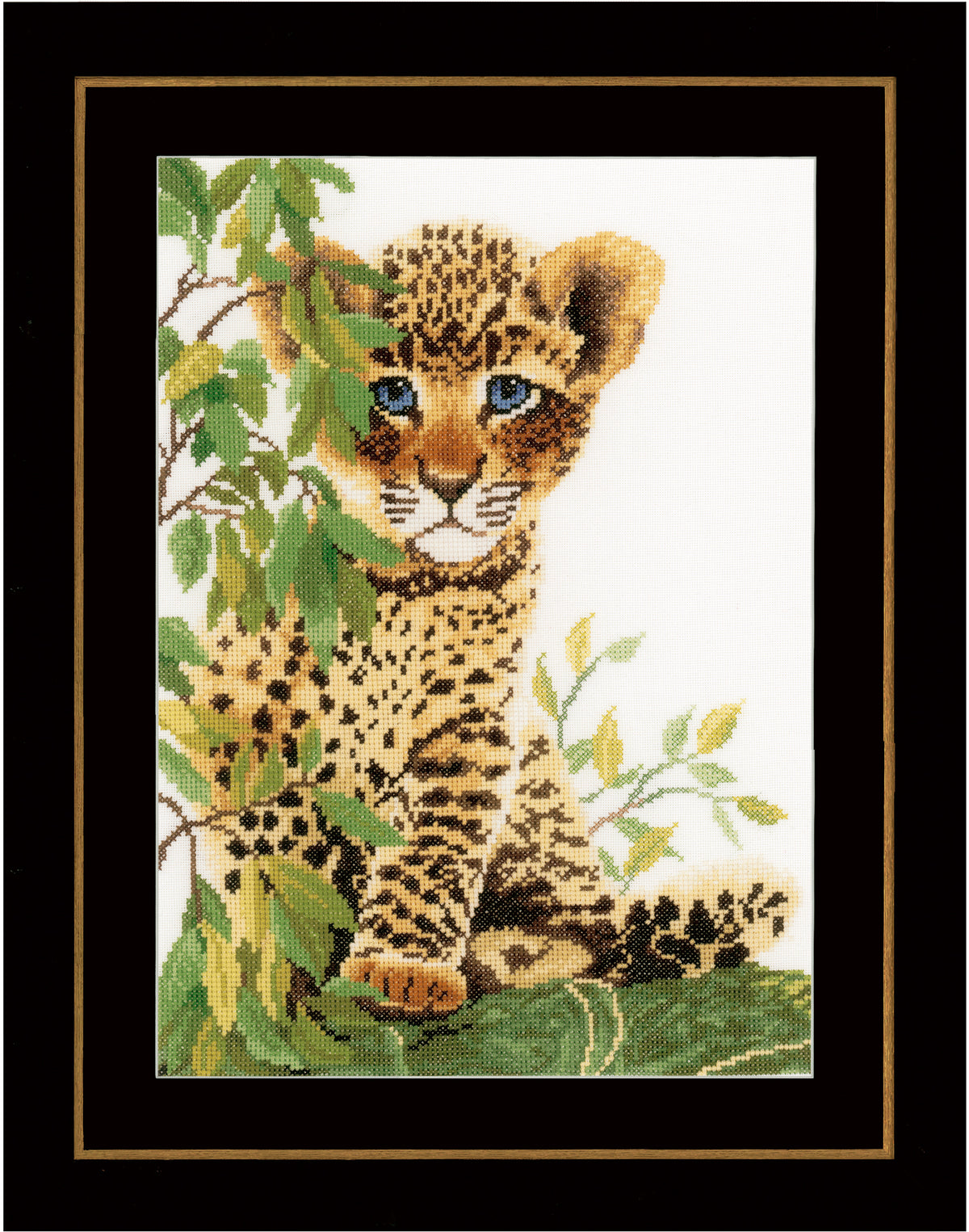 Cross stitch picture of a black panther cub