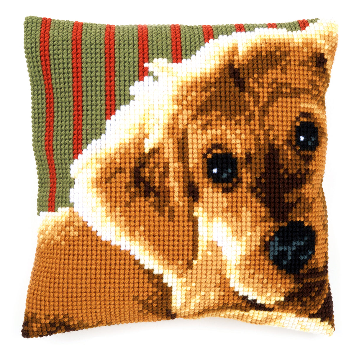 Cross stitch cushion showing a dog design