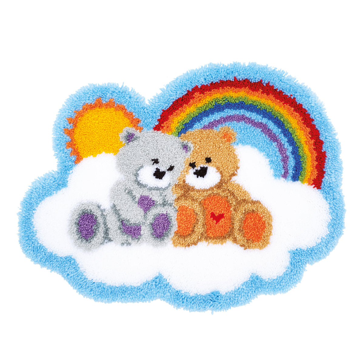 Shaped latch hook rug with Care Bears characters