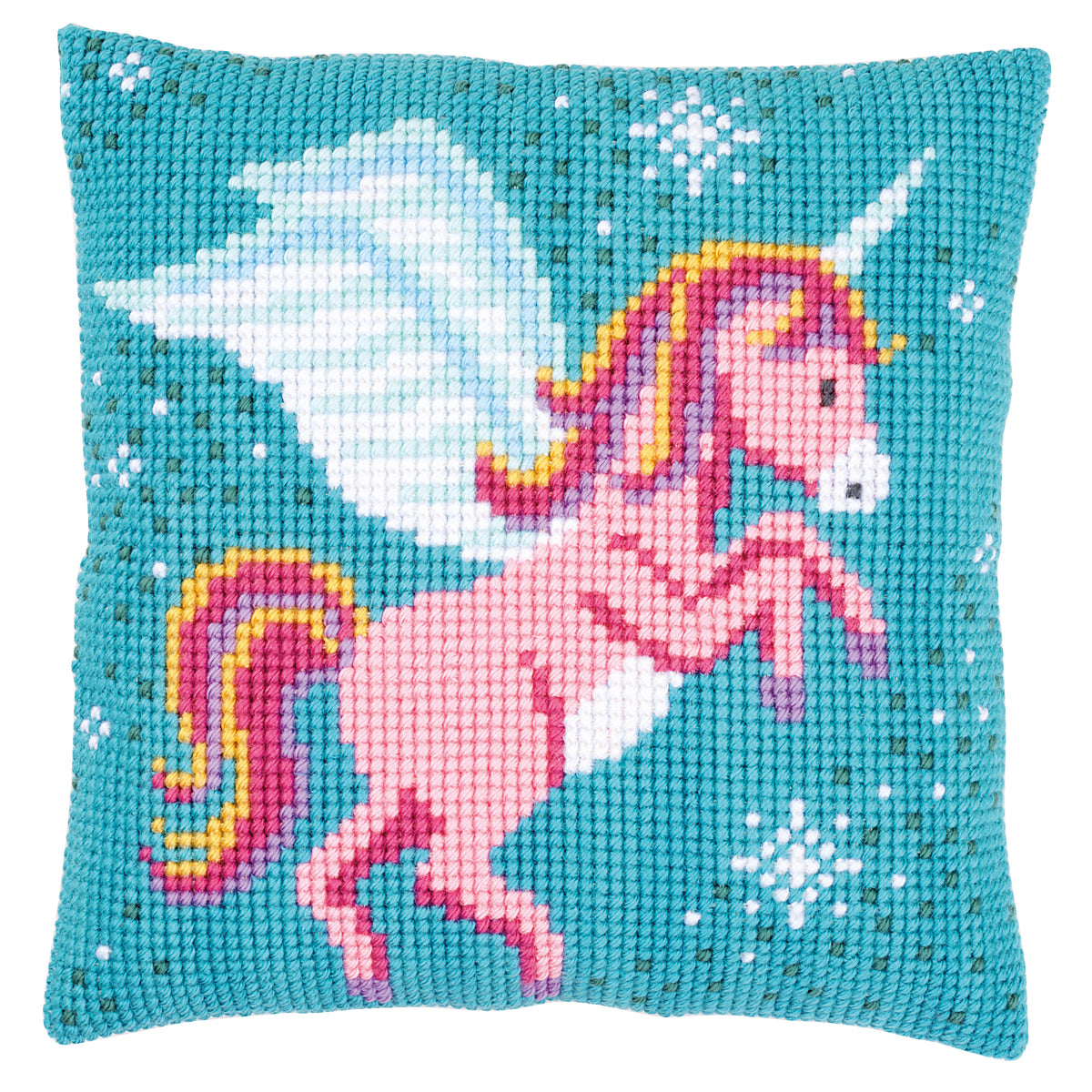 Cross stitch cushion with a unicorn design