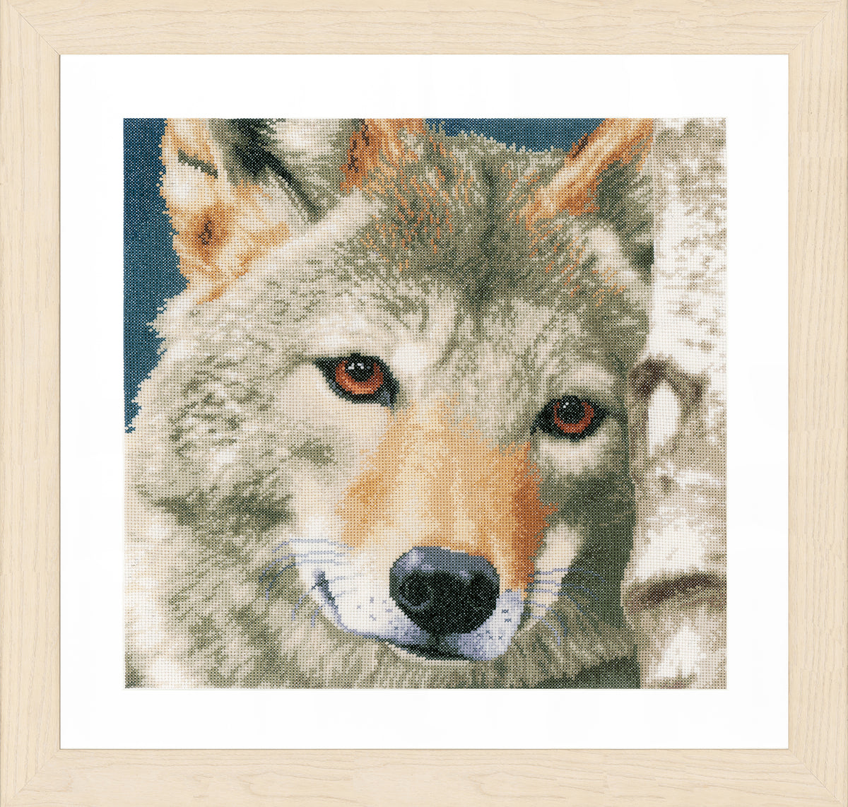 Cross stitch portrait of a wolf
