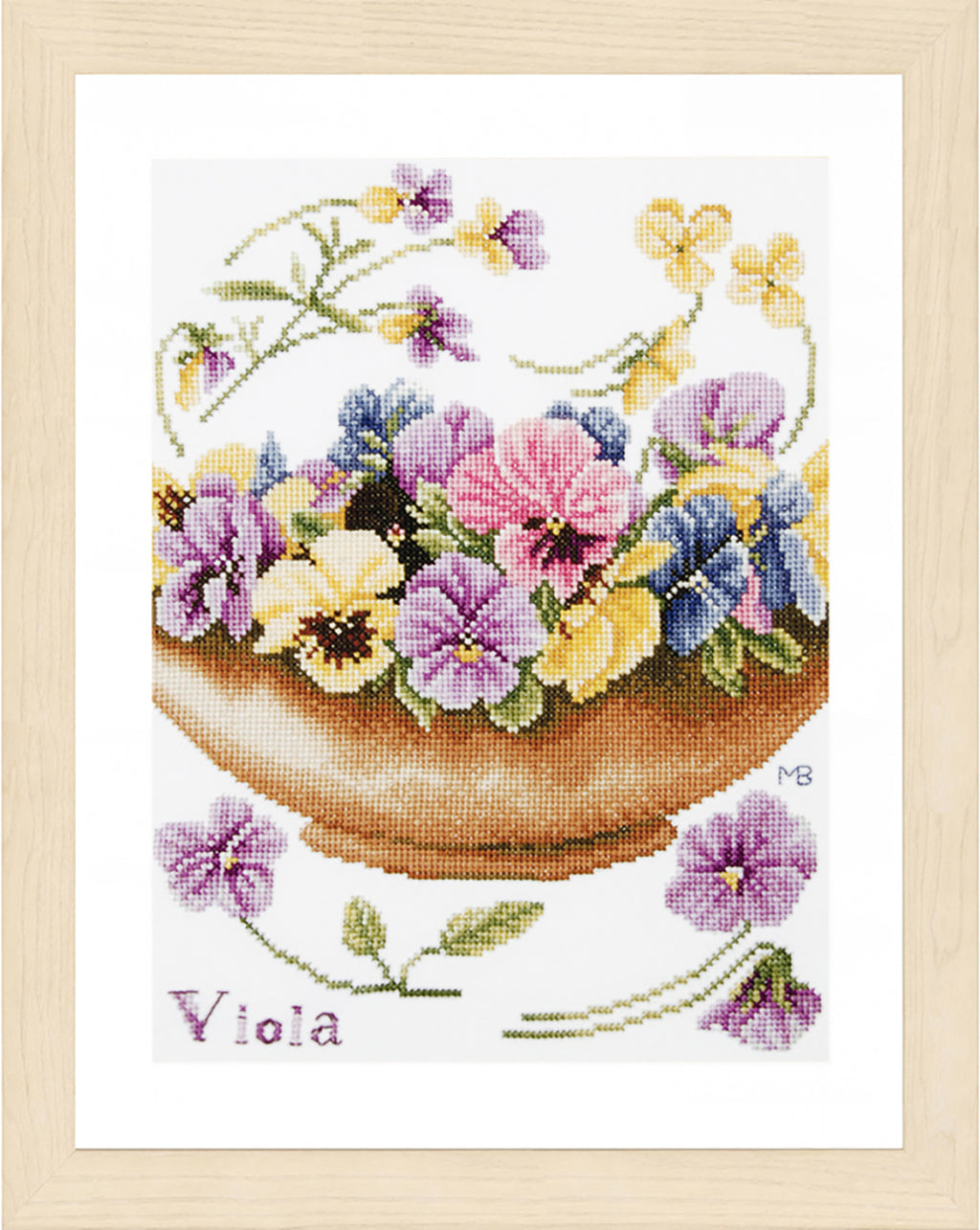 Cross stitched design of purple violet flowers