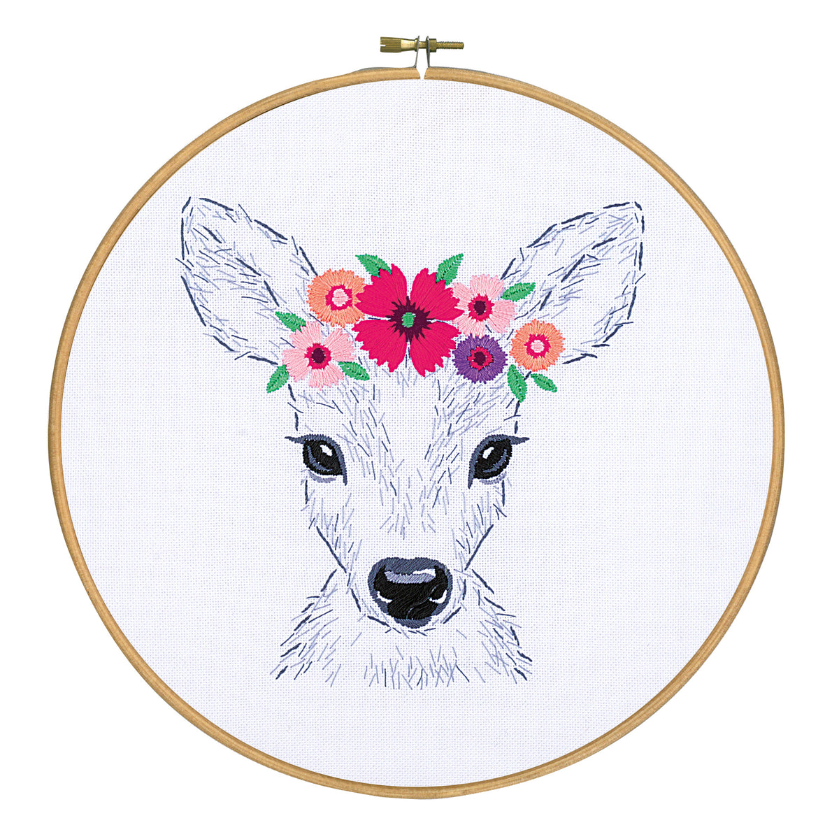 Embroidered cushion showing a deer surrounded by flowers