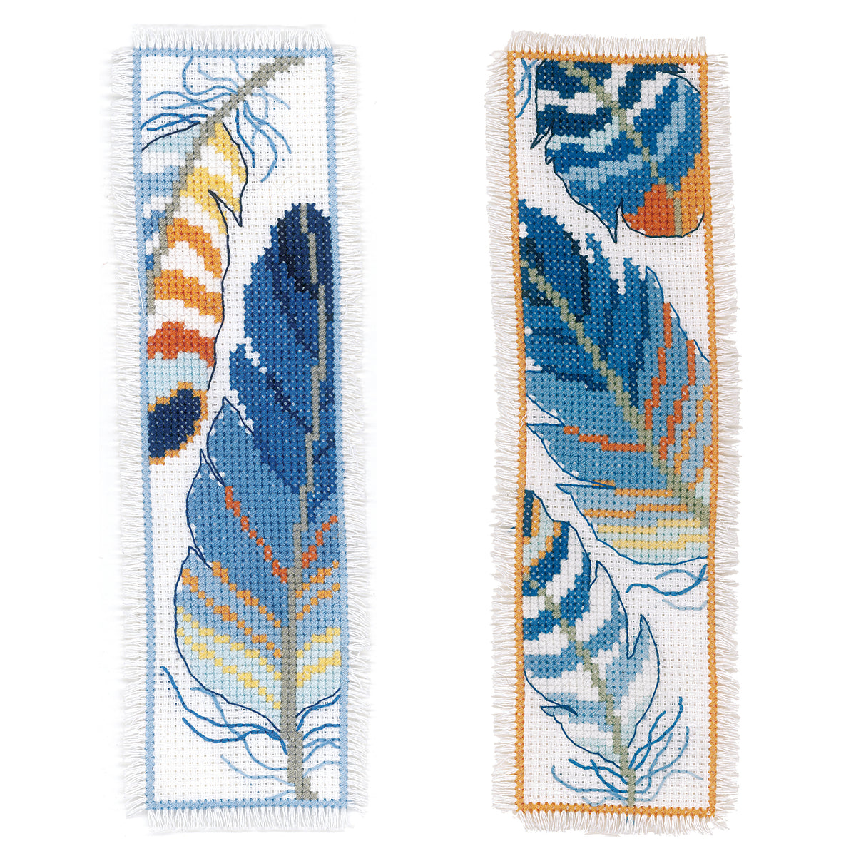 Two cross stitched bookmarks with blue feather designs