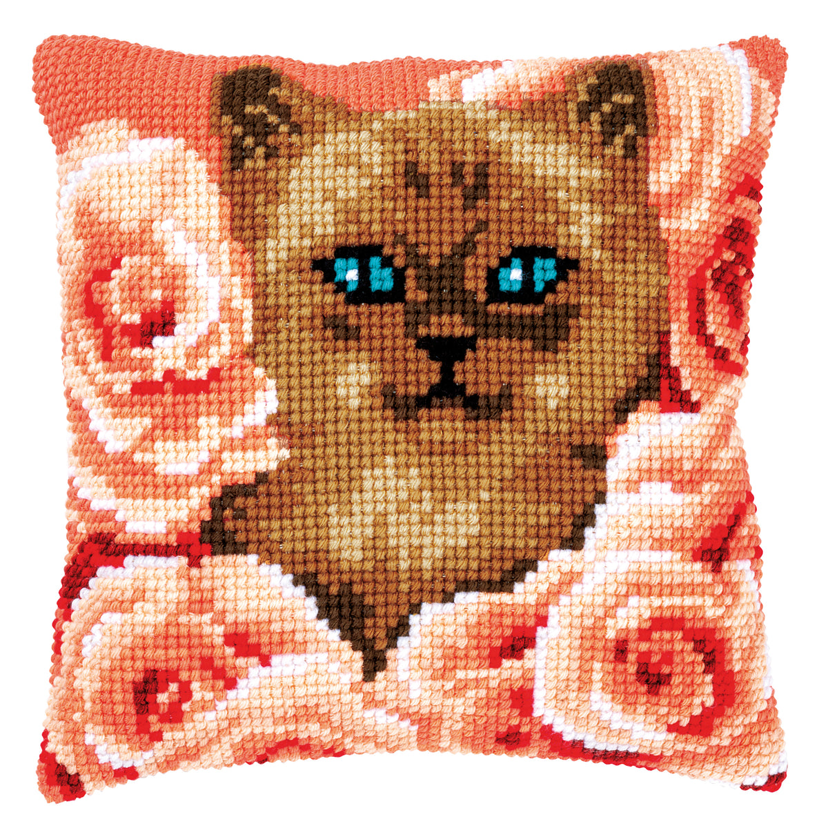 Cross stitch cushion with a kitten among roses