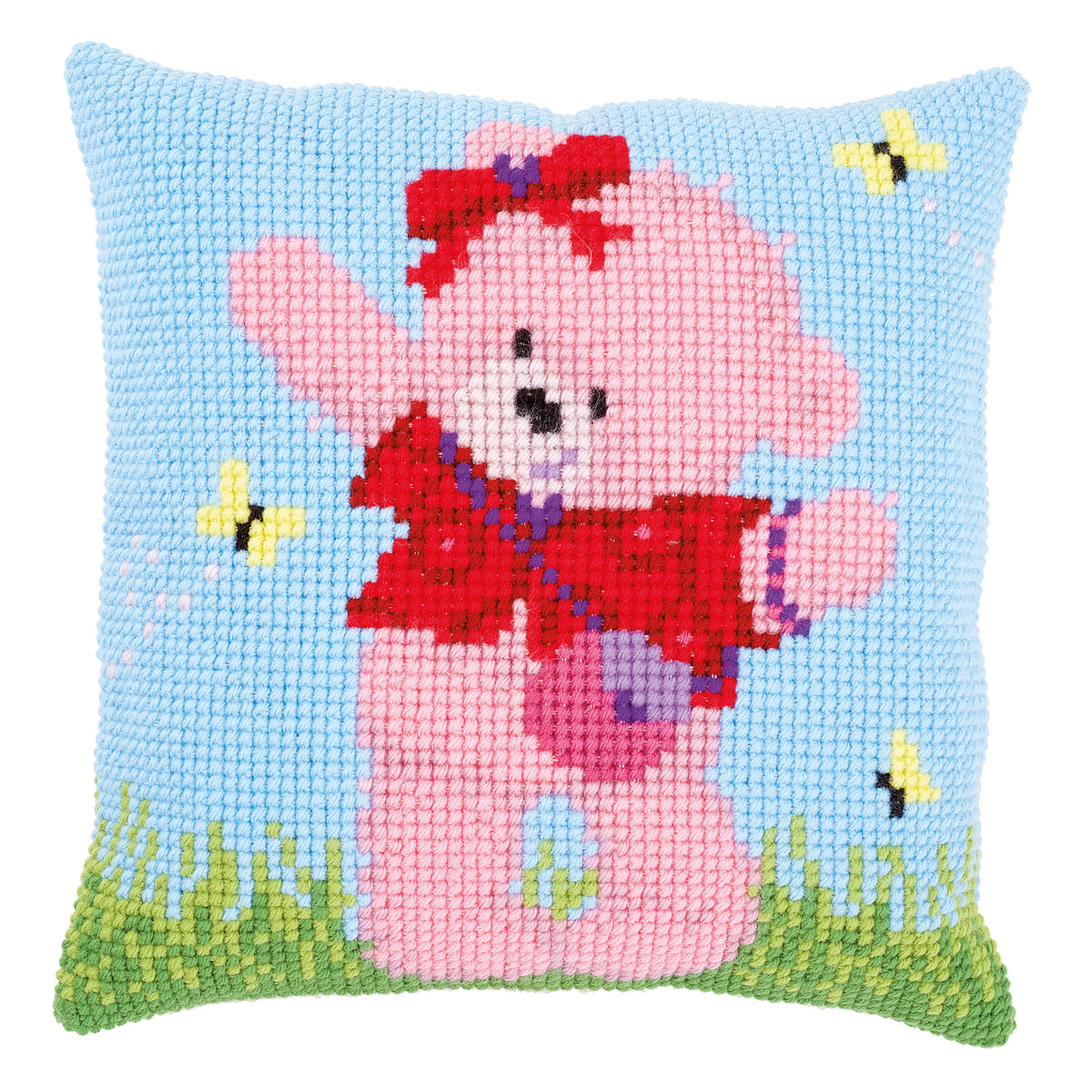 Cross stitch cushion with Popcorn the Brie mouse and butterflies