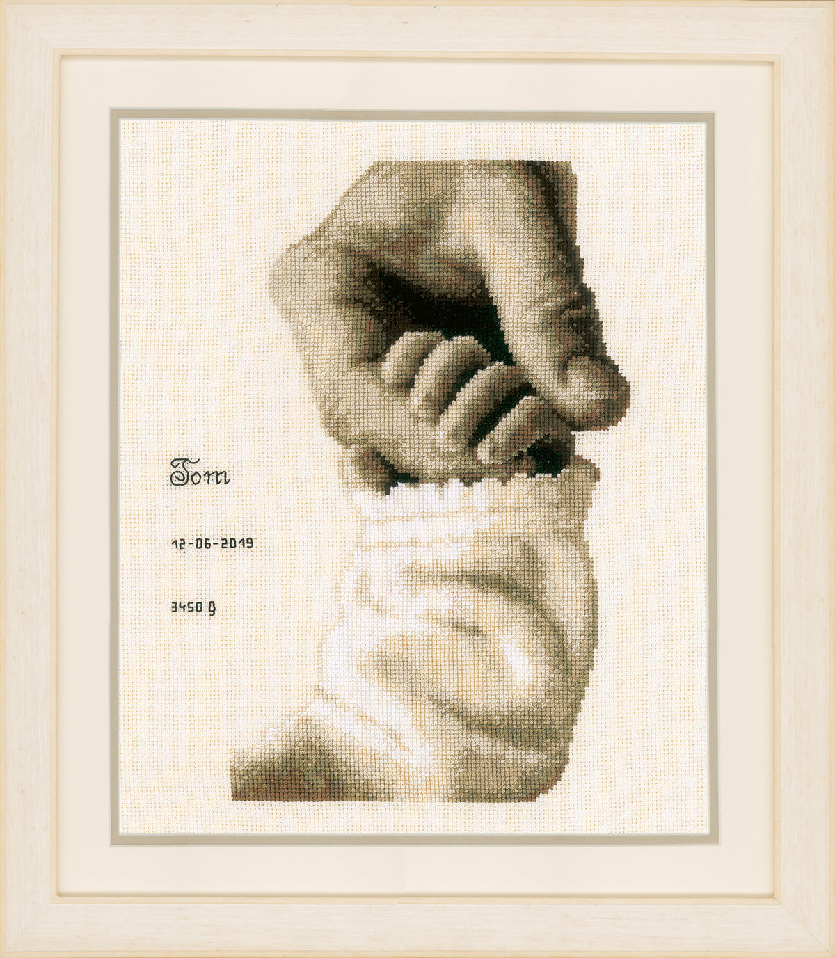 Baby Love birth record cross stitch on ecru fabric