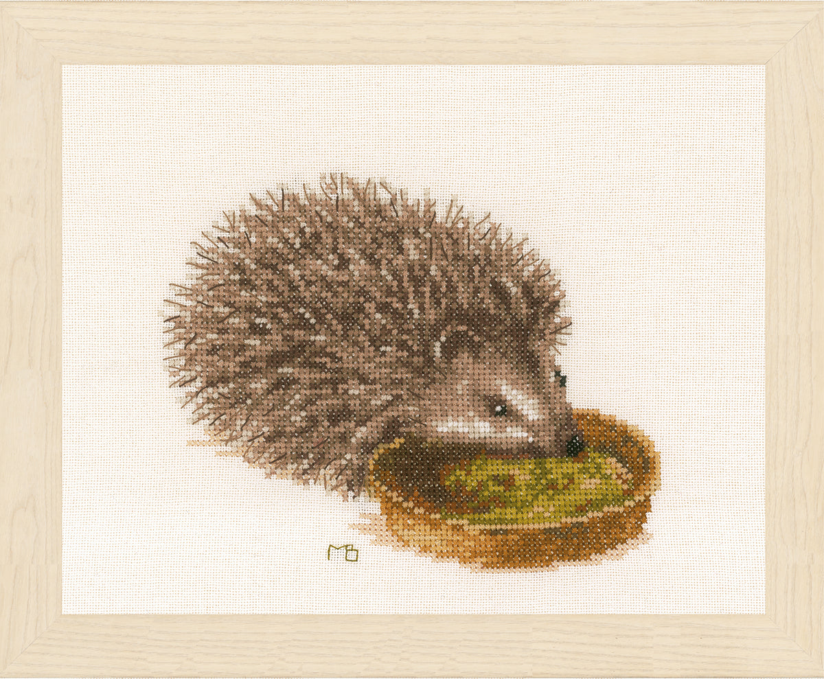 Finished Lanarte hedgehog cross stitch