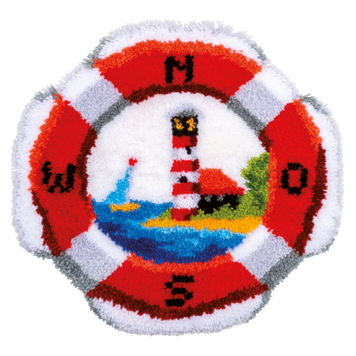 Lifebuoy shaped latch hook rug in red and white