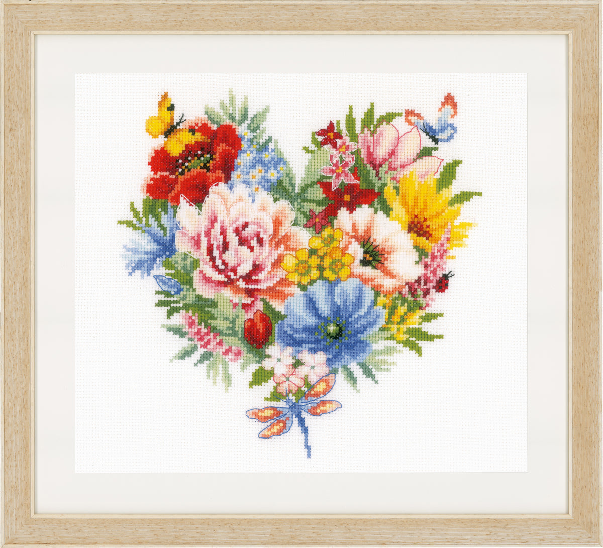 Cross stitch heart made of flowers