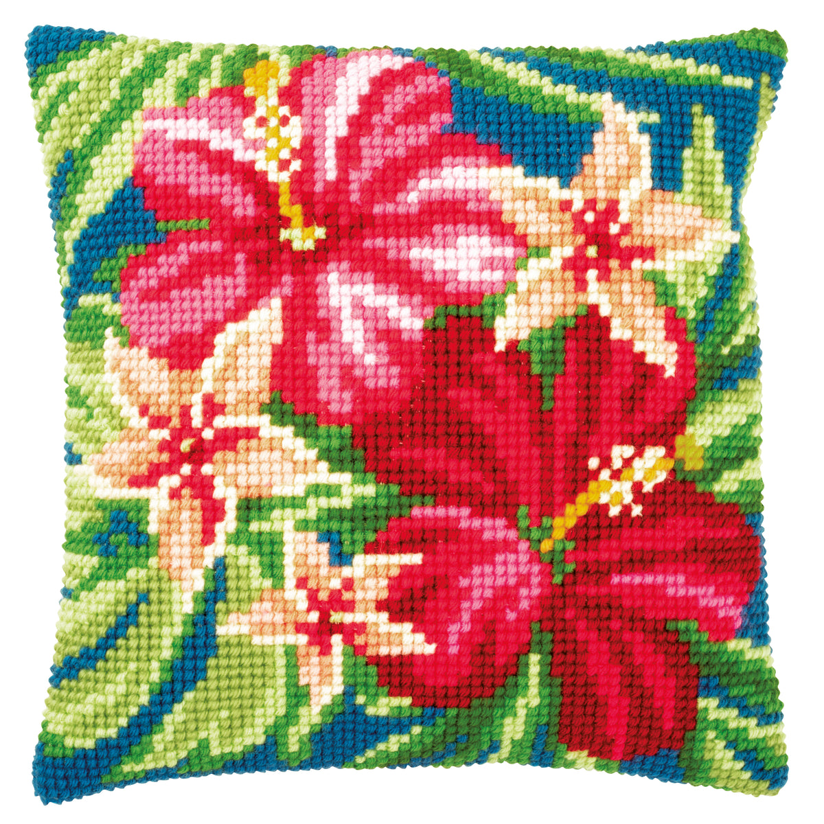 Cross stitch cushion with a botanical flower design
