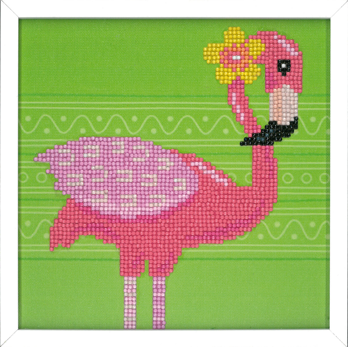 Framed diamond painting of a flamingo