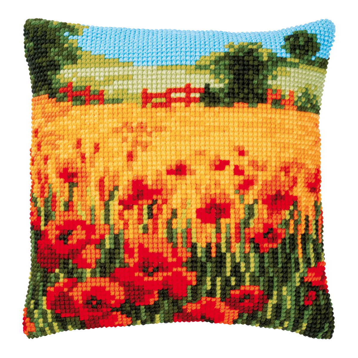 Cross stitch cushion with a poppies landscape design