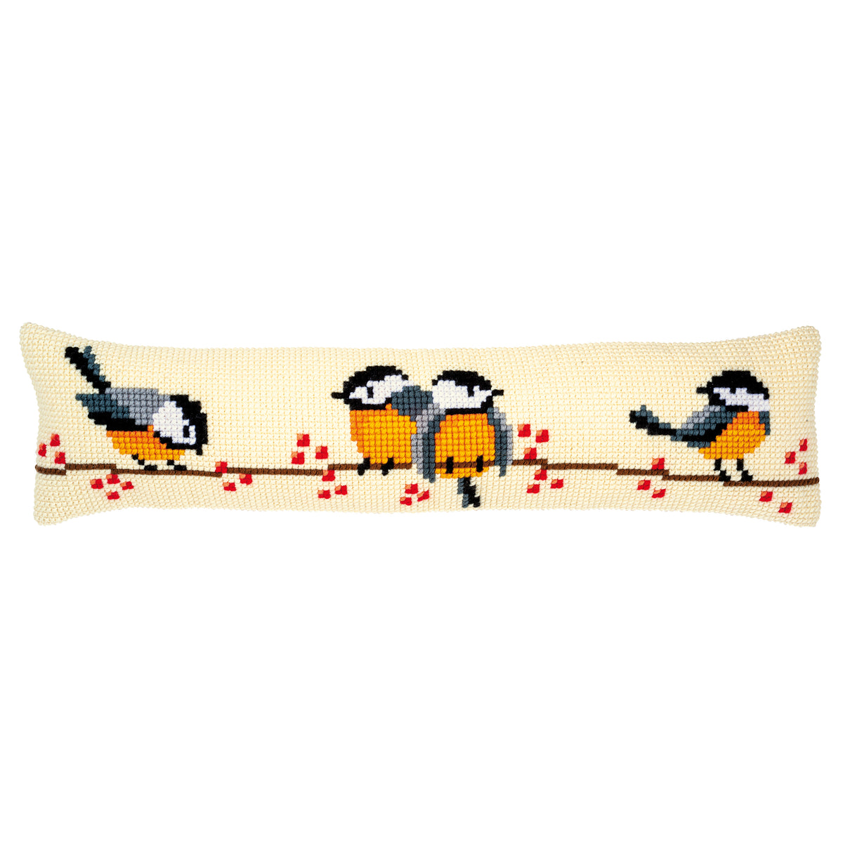 Cross stitch draught excluder with a tomtits design