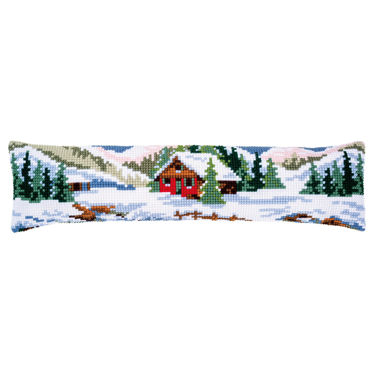 Cross stitch draught excluder with a winter scenery design