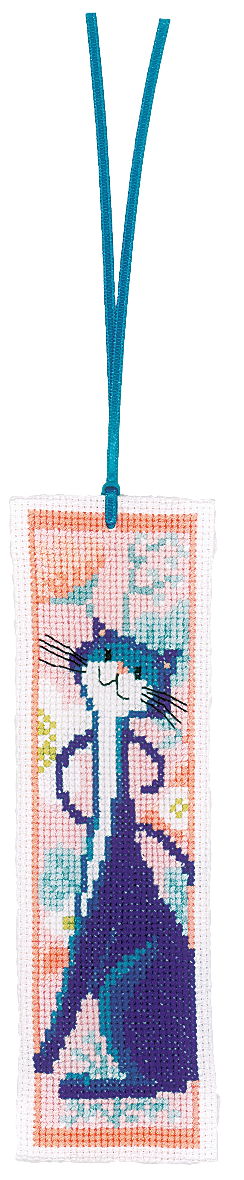 Two cross stitch bookmarks with cats and flowers