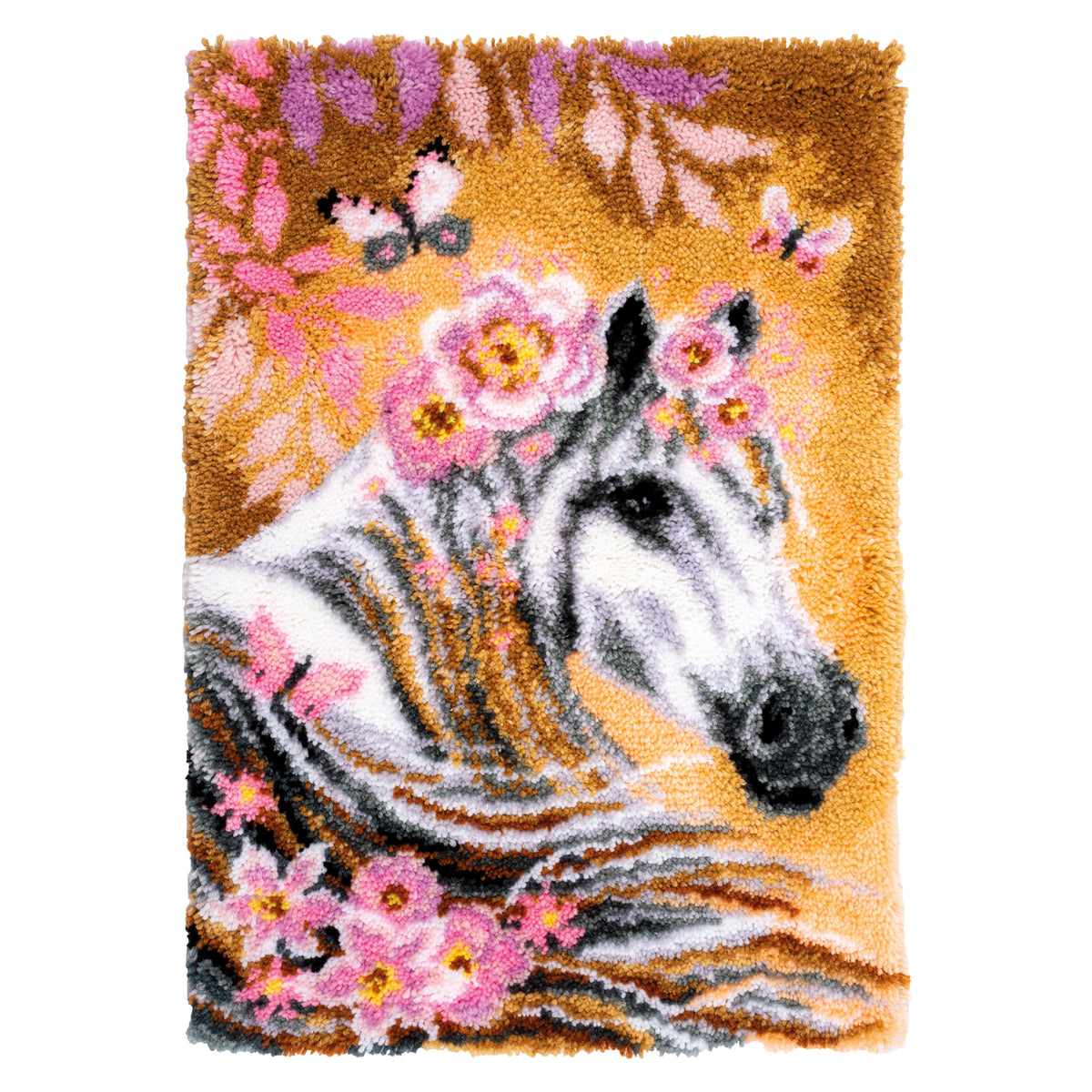 Latch hook rug of a horse surrounded by flowers