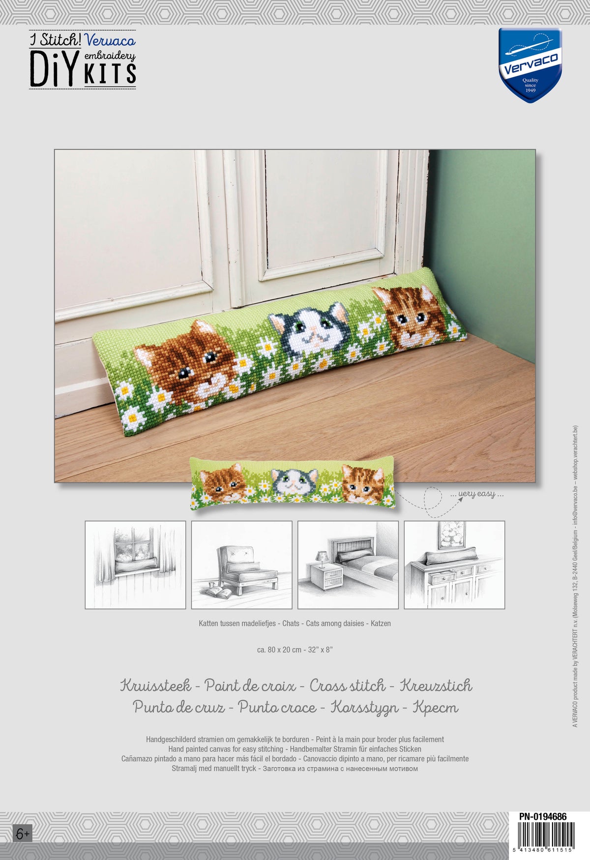 Cross stitch draught excluder with cats and daisies
