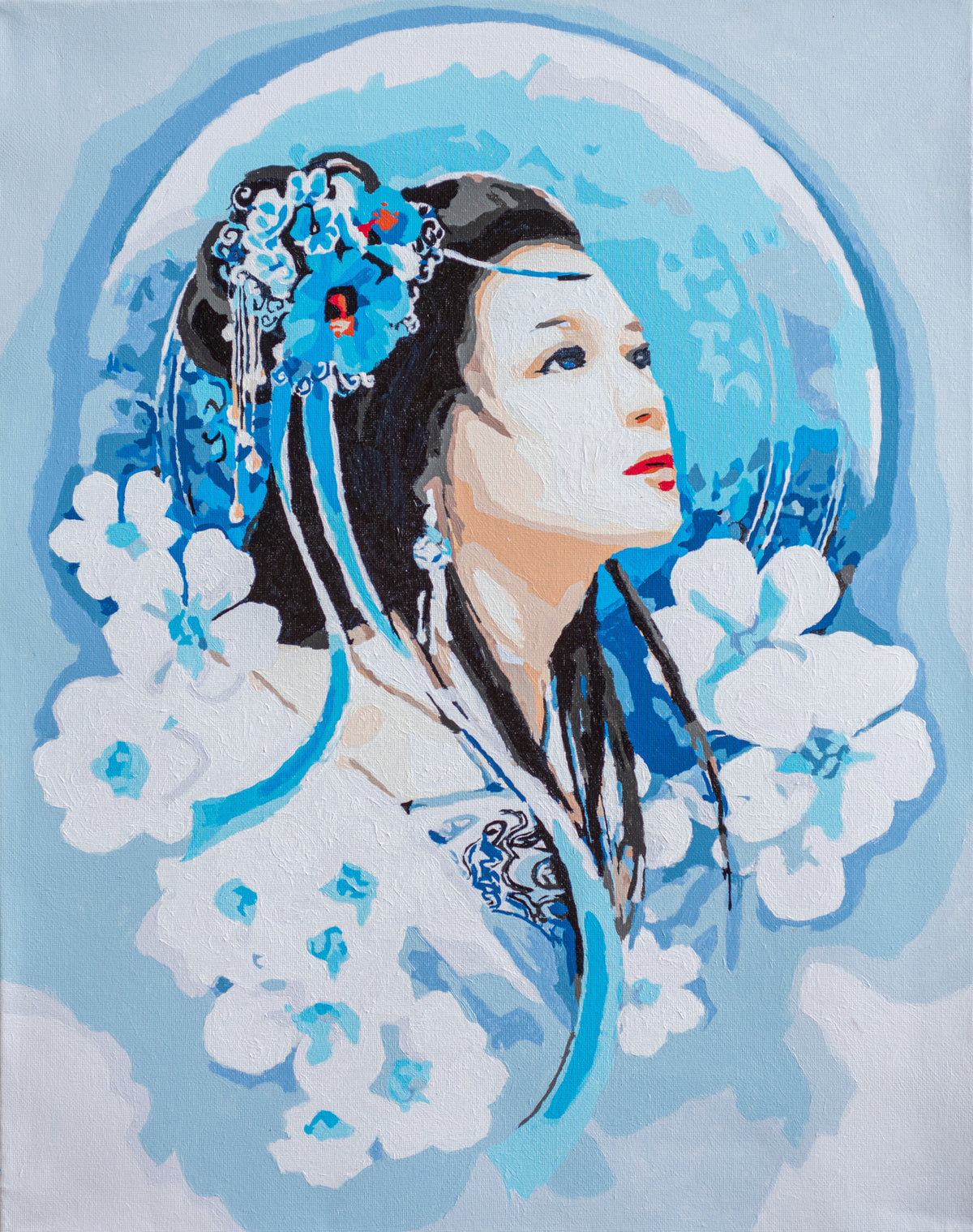 Painted portrait of a lady dressed in blue