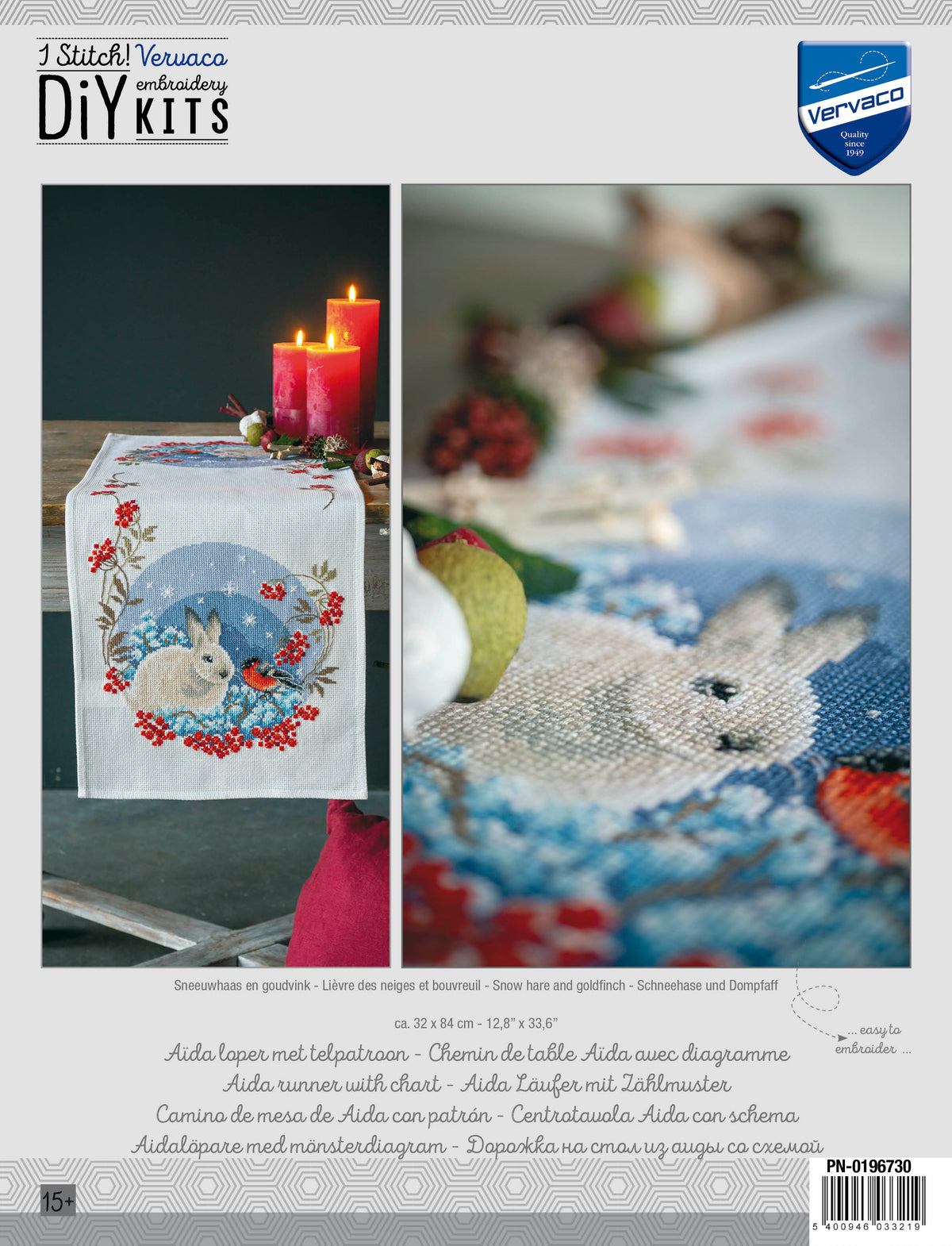 Cross stitch table runner with snow hare and goldfinches